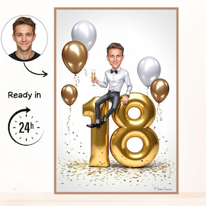 Op de afbeelding: Een ingelijste digitale illustratie van een persoon die zijn 18e verjaardag viert. De persoon zit op een groot gouden getal 18, omringd door gouden en witte ballonnen en confetti. De afbeelding bevat de tekst "Ready in 24h".