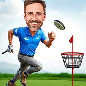 a caricature of a man catching a frisbee