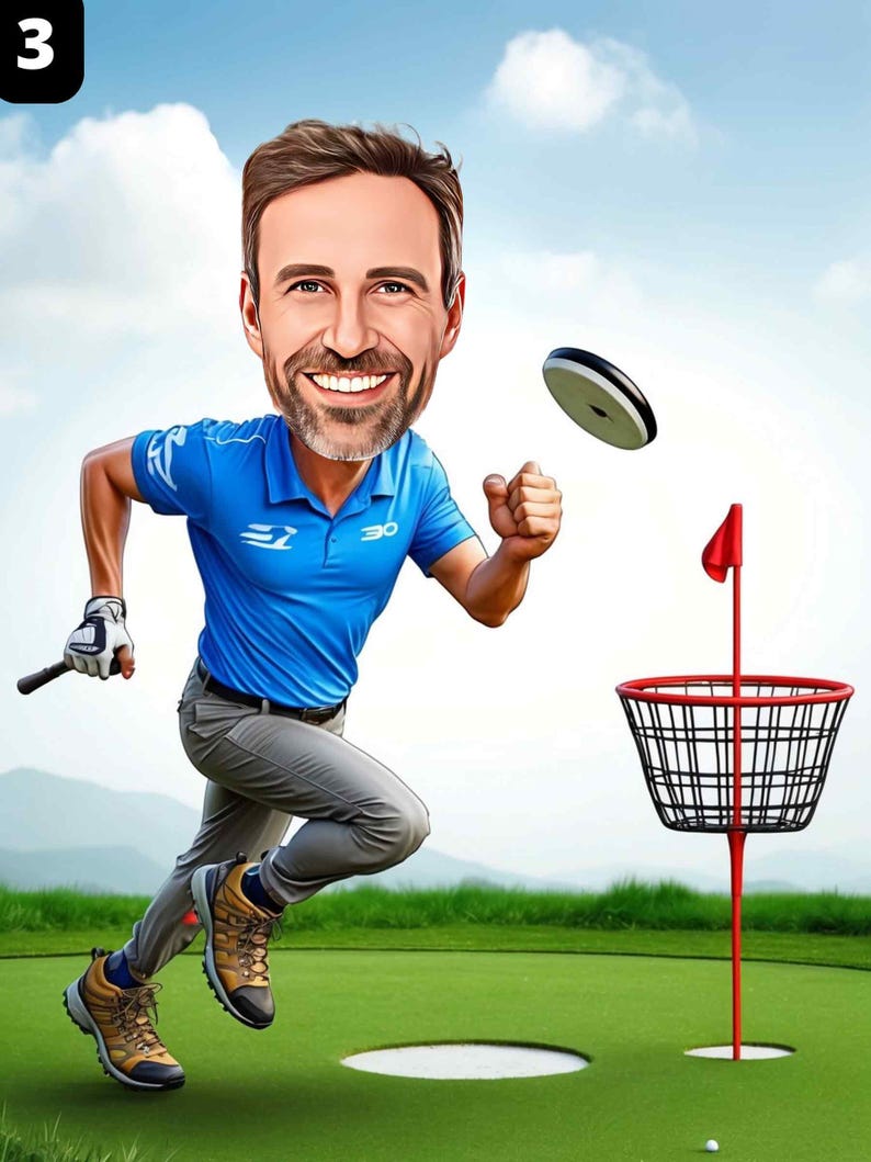 a caricature of a man catching a frisbee