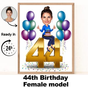 Ritratto di donna personalizzato per il 44° compleanno, caricatura per il 44° compleanno, cartone animato di compleanno, regalo di compleanno personalizzato, compleanno di una donna, biglietto per il 44° compleanno