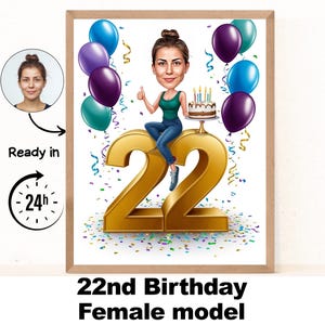 Portrait personnalisé de dessin animé de femme 22e, caricature de 22e anniversaire, dessin animé d'anniversaire, cadeau d'anniversaire personnalisé, anniversaire de femme, carte de 22e