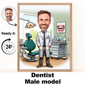 Retrato de caricatura de dentista masculino, regalo de dentista, caricatura de dentista personalizada, caricatura de dentista a partir de foto, regalo para dentista