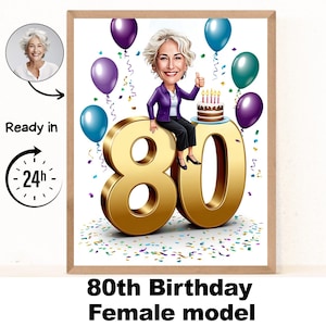 以下が含まれることがあります： 80歳の誕生日のための額装されたデジタルイラスト。このアートワークは、大きな金の数字80に座っている女性の漫画を特徴とし、風船と紙吹雪に囲まれています。「80th Birthday Female model」というテキストが下にあります。
