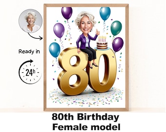 Pode incluir: Ilustração digital emoldurada para um 80º aniversário. A obra apresenta uma caricatura de uma mulher sentada em um grande número 80 dourado, rodeada por balões e confetes. O texto "80th Birthday Female model" está na parte inferior.