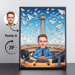 Air Traffic Controller Gift – Custom Caricature Portrait From Your Photo / Air traffic controller