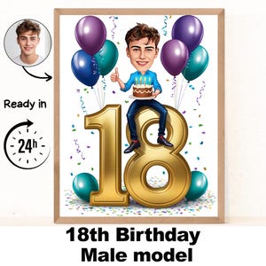 Portrait personnalisé de dessin animé d'homme 18e anniversaire, caricature de 18e anniversaire, dessin animé d'anniversaire, cadeau d'anniversaire personnalisé, anniversaire d'homme, carte unique 18e