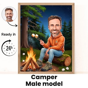 Retrato de caricatura de hombre de camping / Regalo de camping / Caricatura de camping personalizada / Caricatura de camping a partir de foto / Regalo para campista / Retrato de camping