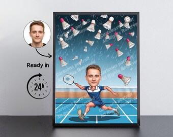 Badminton Player Gift – Custom Caricature Portrait From Your Photo / Badminton player