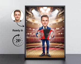 Accordionist Gift – Custom Caricature Portrait From Your Photo / Accordionist