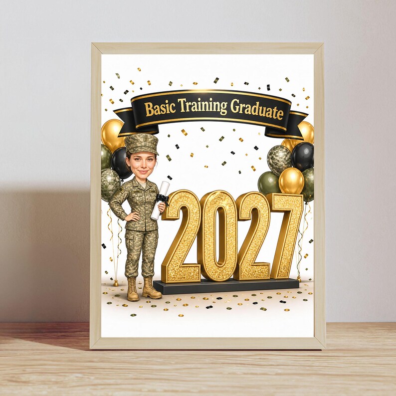 Custom Basic Training Graduation Caricature from Photo, Basic Training Graduate Cartoon Portrait, Graduation Gift for Her image 3
