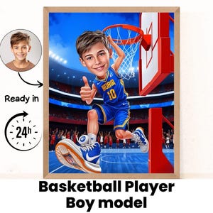 Retrato de dibujos animados de niño jugador de baloncesto / Regalo para hijo jugador de baloncesto / Regalo para sobrino jugador de baloncesto / Regalo para niño / Jugador de baloncesto personalizado