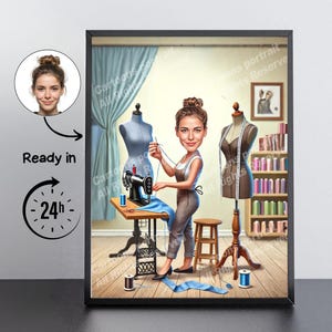 Geschenk für Schneiderinnen – Individuelle Karikatur nach Ihrem Foto / Nähgeschenk