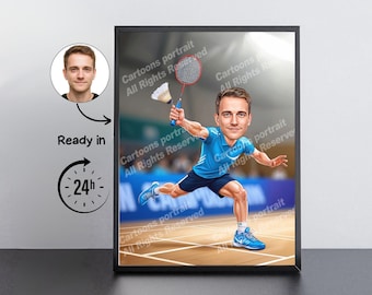Badminton Player Gift – Custom Caricature Portrait From Your Photo / Badminton player
