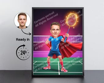 Badminton Player Gift – Custom Caricature Portrait From Your Photo / Badminton player