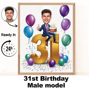 Ritratto di uomo personalizzato per il 31° compleanno, caricatura per il 31° compleanno, cartone animato per il compleanno, regalo di compleanno personalizzato, compleanno dell'uomo, biglietto per il 31° compleanno