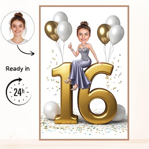 Op de afbeelding: Een cartoon illustratie van een persoon die op een groot goudkleurig nummer 16 zit. De persoon draagt een zilveren jurk en geeft een duim omhoog. Gouden en witte ballonnen zijn op de achtergrond. De tekst "Ready in 24h" is ook aanwezig.