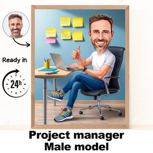 Regalo para gerentes de proyecto, caricatura de gerente de proyecto masculino a partir de una foto, arte de gerente de proyecto, retrato divertido de gerente de proyecto dibujado a mano