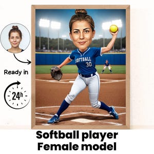 Softball Female cartoon Portrait / Softball gift / Custom Softball Caricature / Softball caricature from photo / gift for Softball Player /