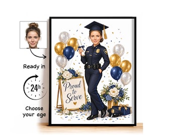 Custom Police Academy Graduation Caricature from Photo, Proud to Serve Cartoon Portrait, Graduation Gift for Her