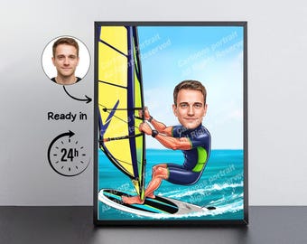 Windsurf Gift – Custom Caricature Portrait From Your Photo / Windsurfer