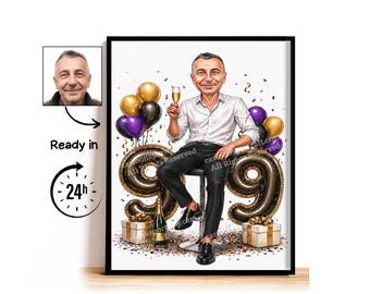 Aangepaste karikatuur voor 99e verjaardag, 99e verjaardag, karikatuurtekening, wenskaart, verjaardagskaart, verjaardagsuitnodiging, jubileumkaart