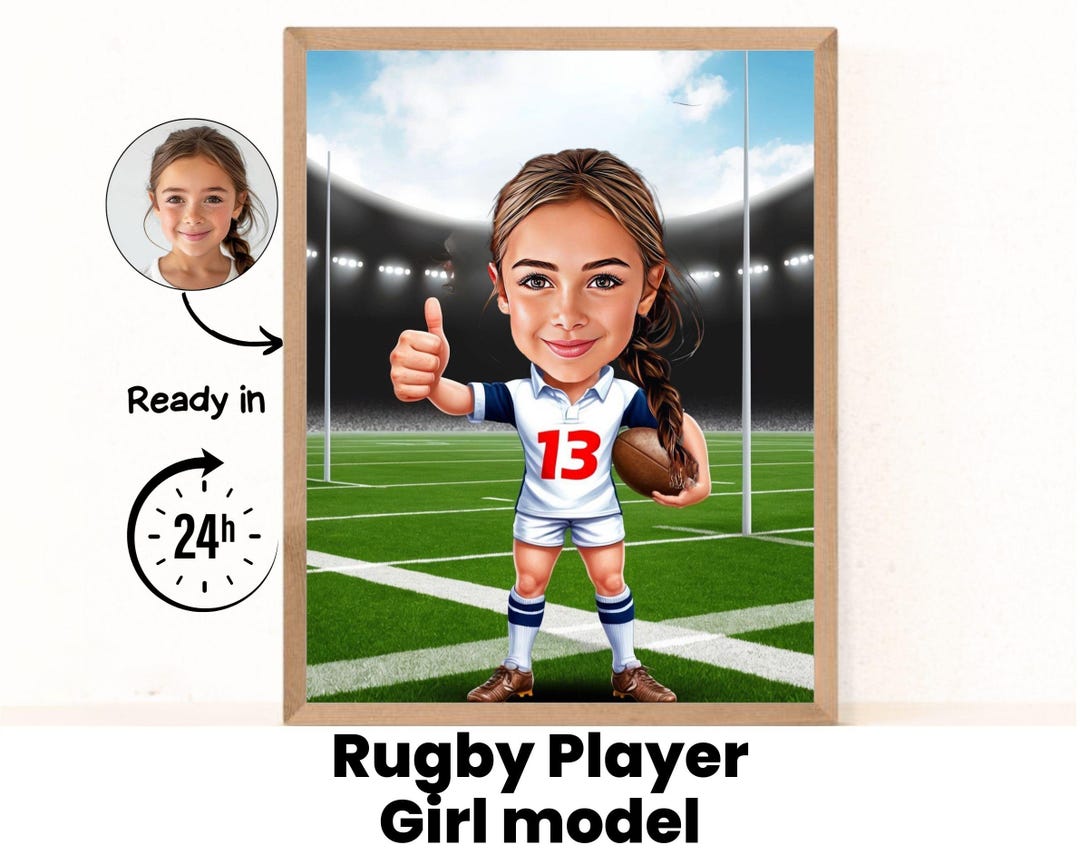 Rugby Girl Cartoon Portrait / Rugby Daughter Gift / Rugby Niece Gift ...