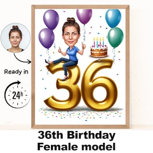 Retrato de desenho animado personalizado de mulher de 36 anos, caricatura de aniversário de 36 anos, desenho animado de aniversário, presente de aniversário personalizado, aniversário de mulher, cartão de 36 anos