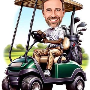 a caricature of a man driving a golf cart