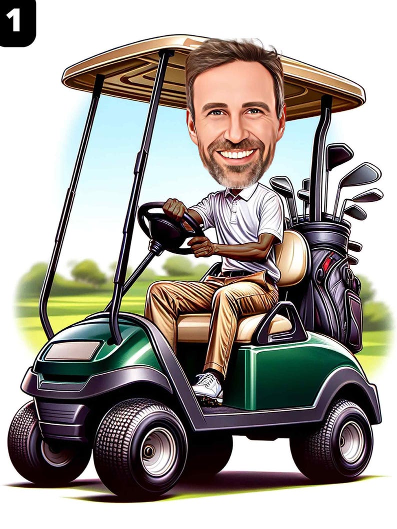 a caricature of a man driving a golf cart