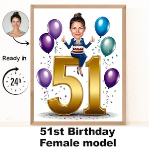 Benutzerdefinierte 51. Frau Cartoon Portrait, 51. Geburtstag Karikatur, Geburtstag Cartoon, personalisiertes Geburtstagsgeschenk, Frauengeburtstag, 51. Karte