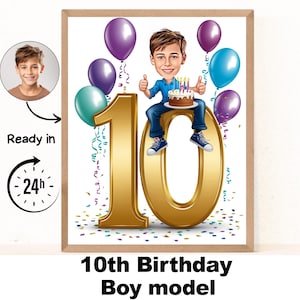 Benutzerdefinierte 10. Jungen Cartoon Porträt, Karikatur zum 10. Geburtstag, Geburtstag Cartoon, personalisiertes Geburtstagsgeschenk, Jungen Geburtstag, einzigartige Karte zum 10