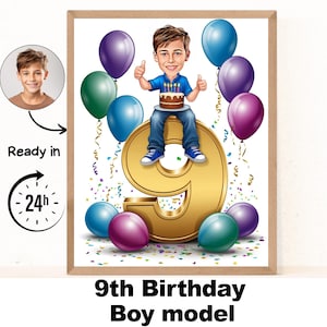 Benutzerdefinierte 9. Jungen Cartoon Porträt, 9. Geburtstag Karikatur, Geburtstag Cartoon, personalisierte Geburtstagsgeschenk, Jungen Geburtstag, 9. Einzigartige Karte