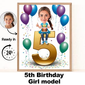 Portrait personnalisé de dessin animé de 5e fille, caricature de 5e anniversaire, dessin animé d'anniversaire, cadeau d'anniversaire personnalisé, anniversaire de fille, 5e carte unique
