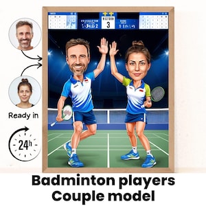 Badminton Couple cartoon Portrait / Badminton gift / Custom Badminton Caricature / Badminton caricature from photo / gift for Badminton Play