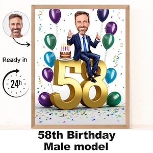 Benutzerdefinierte 58. Mann Cartoon Portrait, 58. Geburtstag Karikatur, Geburtstag Cartoon, personalisierte Geburtstagsgeschenk, Mann Geburtstag, 58.Karte