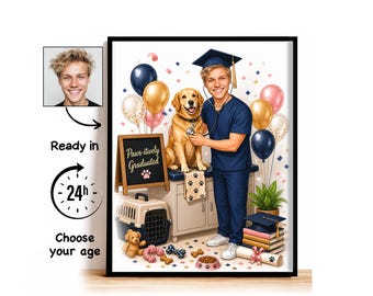 Custom Vet School Graduation Caricature from Photo, Pawsitively Graduated Cartoon Portrait, Graduation Gift for Him
