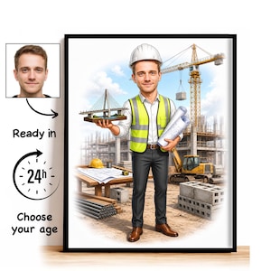 Puede incluir: Una ilustración digital enmarcada de un trabajador de la construcción con casco blanco y chaleco de seguridad amarillo neón, sosteniendo un modelo de puente y planos. El fondo muestra una obra con una grúa, excavadora y materiales.