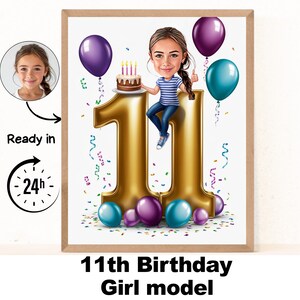 Retrato de niña personalizado para su 11.º cumpleaños, caricatura de cumpleaños, regalo de cumpleaños personalizado, tarjeta única para su 11.º cumpleaños