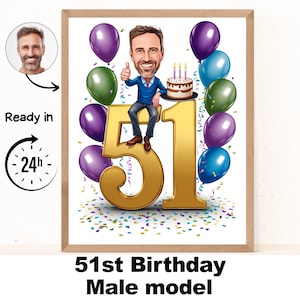 Benutzerdefinierte 51. Mann Cartoon Portrait, 51. Geburtstag Karikatur, Geburtstag Cartoon, personalisiertes Geburtstagsgeschenk, Geburtstag des Mannes, 51. Karte