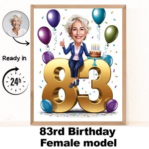 Benutzerdefinierte 83er Frau Cartoon Porträt, 83er Geburtstagkarikatur, Geburtstag Cartoon, personalisiertes Geburtstagsgeschenk, Frauengeburtstag, 83er Karte