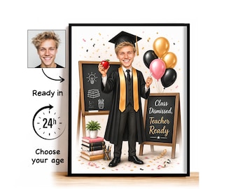 Custom Teacher Graduation Caricature from Photo, Class Dismissed Teacher Ready Cartoon Portrait, Graduation Gift for Him