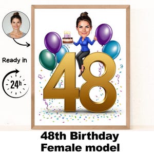 Retrato de caricatura de mujer para 48 cumpleaños, caricatura de cumpleaños, regalo de cumpleaños personalizado, cumpleaños de mujer, tarjeta para 48 cumpleaños