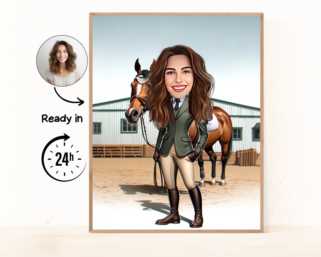 Personalised Dressage Cartoon Portrait, Custom Horse Rider Caricature ...