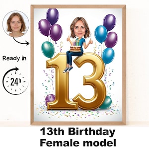 Benutzerdefinierte 13. Mädchen Cartoon Porträt, 13. Geburtstag Karikatur, Geburtstag Cartoon, personalisiertes Geburtstagsgeschenk, Mädchen Geburtstag, 13. einzigartige Karte