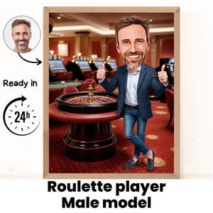 Benutzerdefinierte Roulette Spieler Cartoon Portrait, personalisierte Kartenspielkunst mit Ihrem Gesicht, digitaler Download für Spieler, lustiges Poker Karikaturgeschenk