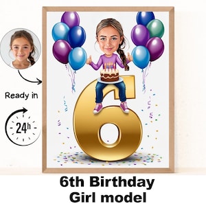 Benutzerdefinierte 6. Mädchen Cartoon Porträt, 6. Geburtstag Karikatur, Geburtstag Cartoon, personalisierte Geburtstagsgeschenk, Mädchen Geburtstag, 6. einzigartige Karte