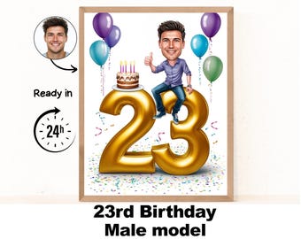 Custom 23rd Man Cartoon Portrait, 23rd Birthday Caricature, Birthday Cartoon, Personalized Birthday Gift, Man's Birthday, 23rd Unique Card