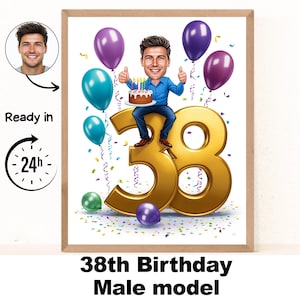 Benutzerdefinierte 38. Mann Cartoon Portrait, 38. Geburtstag Karikatur, Geburtstag Cartoon, personalisiertes Geburtstagsgeschenk, Geburtstag des Mannes, 38.Karte