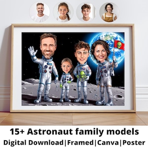 Retrato de familia de astronautas / Caricatura de familia de astronautas personalizada / Caricatura espacial a partir de una foto / Regalo para la familia / Caricatura de familia de astronautas