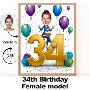 Benutzerdefinierte 34. Frau Cartoon Portrait, 34. Geburtstag Karikatur, Geburtstag Cartoon, personalisiertes Geburtstagsgeschenk, Frauengeburtstag, 34.Karte